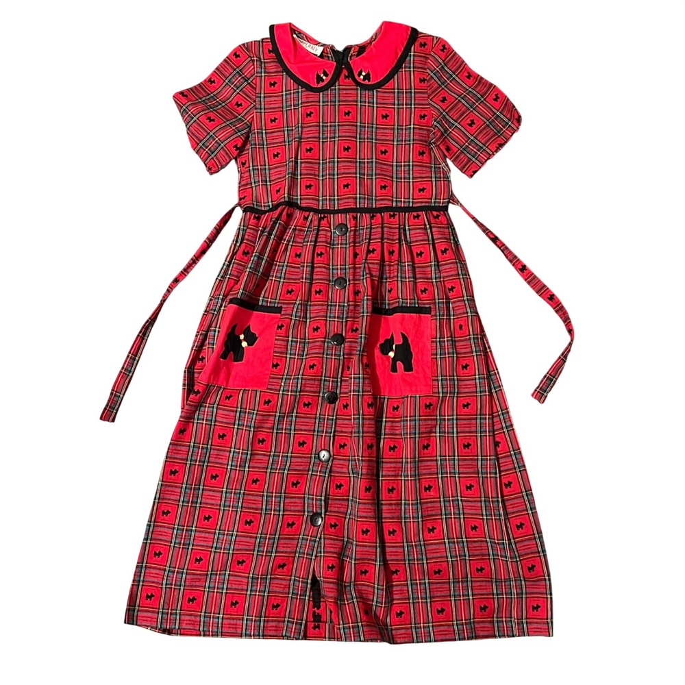 Vintage Copper Key Red Plaid Scottie Dog Peter Pan Collar Dress Vintage 14/16 XS